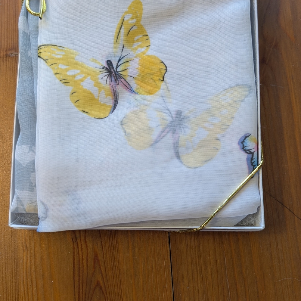 White Scarf with Yellow Butterfly Design